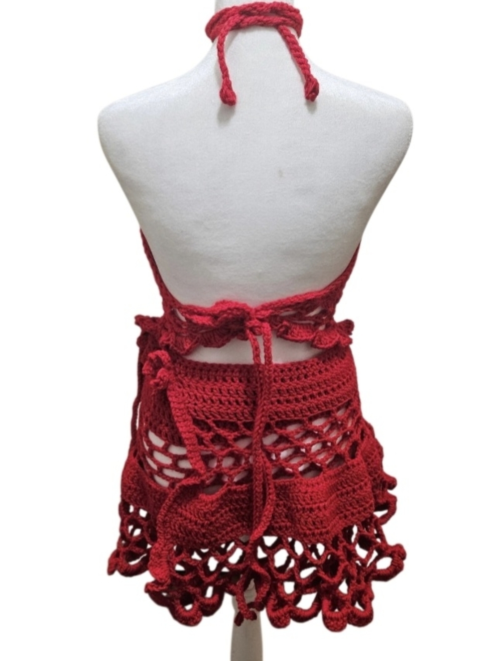 HAND CRAFTED Open-Knit Red Crochet Shrug Sweater 5-way Acrylic Summer Piece - Picture 4 of 16